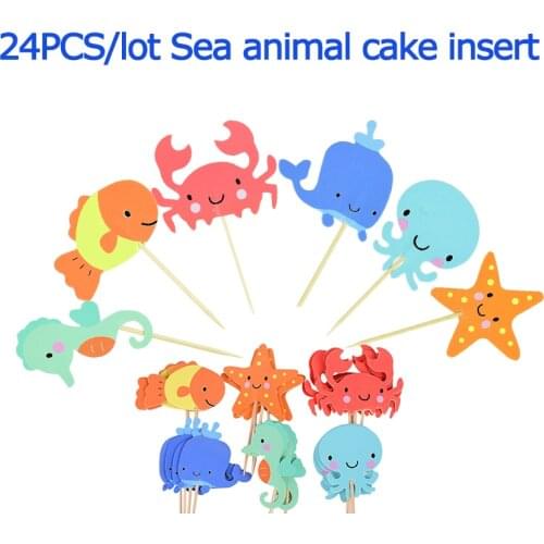 24Pcs Birthday Cake Toppers Fish Sea Star Crab Cake Flags Ocean Animal Cupcake Toppers Baby Shower Party Decoration Supplies