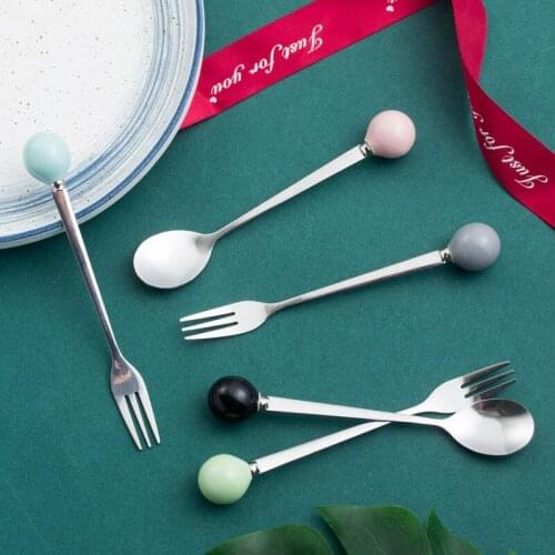 3 Pcs color ceramic handle spoon Japanese and Korean Creative stainless steel fruit fork dinnerware dinner set