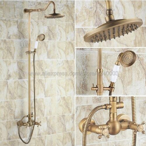 Antique Brass Bathroom Rainfall Shower Faucet Set Mixer Tap With Hand Sprayer Wall Mounted Bath Shower Head Krs140
