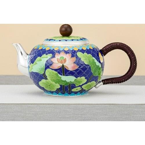Pure Silver 999 Teapot Hand Made Cloisonne Lotus Middle Old Retro Home Silver Teapot
