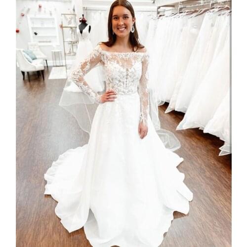 Elegant Wedding Dress A-Line Boat Neck Full Sleeve Lace Appliques Sequined Button Floor Length Sweep Train Bride Gown New