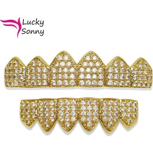 Hiphop Teeth Grillz CZ Iced-Out 2 Colors Top&Bottom Dental Grills Tooth Grillz Teeth Caps Bling Body Jewelry for Halloween Party