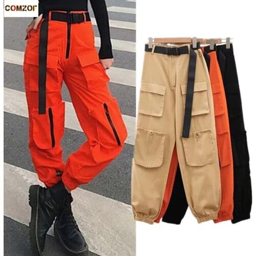 INS high waist women cargo pants big pockets hip hop streetwear overall 2020 autumn fashion trousers mujer pantalones