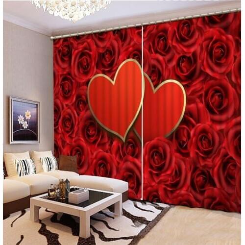 Red Rose 2 Hearts Wedding Curtains For Bedroom Living Room Curtains Drapes Thermal Insulated Blackout Window Curtains