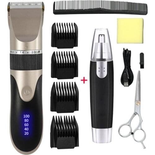 Professional Digital Hair Trimmer Rechargeable Electric Hair Clipper Mens Cordless Haircut Adjustable Blade+Nose Hair Trimmer