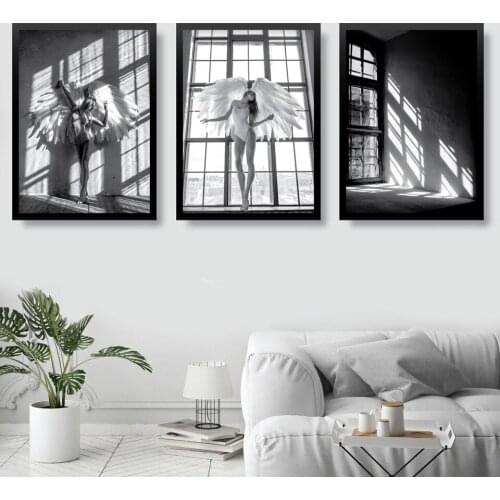 Fashion Woman with Angel Wings Posters and Prints Black White Window Photography Wall Art Pictures for Living Room Home Decor