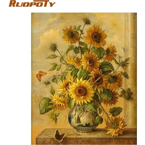 RUOPOTY Frame Picture Diy Painting By Numbers Sunflower Vintage Painting Paint By Numbers For Adults Acrylic Paint On Canvas Art