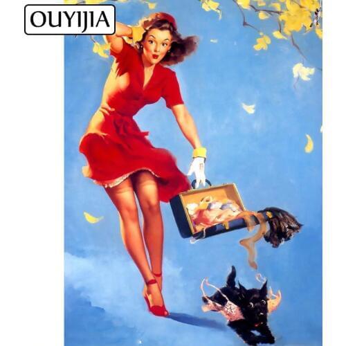 OUYIJIA Cartoon Girl Oil Beauty Cross Stitch Kit 5D DIY Diamond Painting Square Art RetroWoman Embroidery Mosaic Home Decoration
