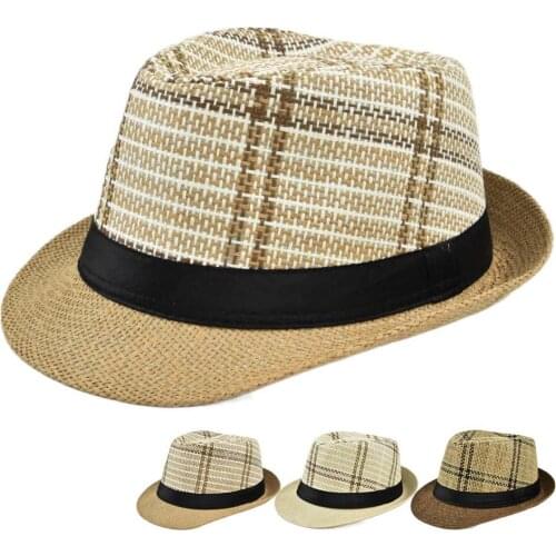 New Mens Top Hat Sun-Proof Straw Hat Fedora Hat Grid Striped British Hat Baby Boy and Girl Summer Linen Sun Hat Straw Hat A12
