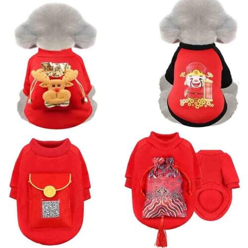 Dog Clothes Jumpsuits God of Wealth Pet Clothing Chinese Style Warm Thicker Cotton Dogs Dress Cartoon Girl Winter Red