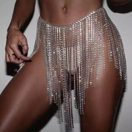 Sexy women tassel Rhinestone body jewelry waist chain shining crystal body jewelry skirt nightclub Party Jewelry Gift