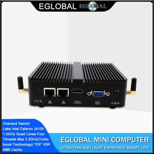 Eglobal Fanless Mini PC Intel Celeron J4105 N4100 2LAN 2COM HDMI VGA Small Pocket Computer Windows 10 HTPC WIFI Windows Mini PC