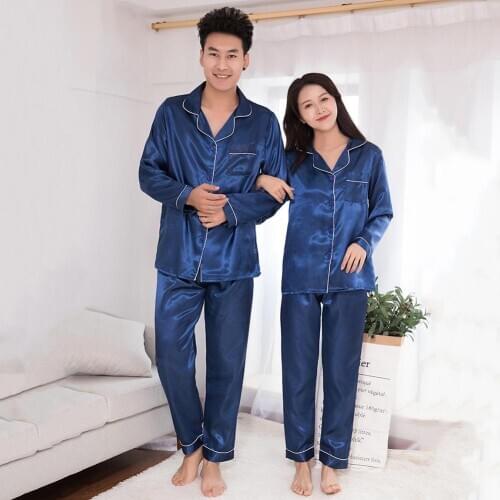 Silk Satin Men Pajamas Set Fashion Sleepwear Couple Solid Color Long Sleeve Suit Soft Cozy Satin Nightgown Men autumn winter