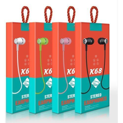 K68 Leather cable Sport Earphone Wired Earphones Super Bass 3.5mm Crack Earphone Earbud with Mic for Android for Apple