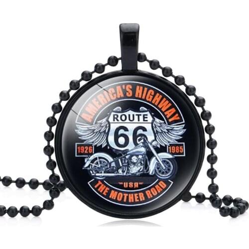 US Route 66 Necklace Motorcycles Pattern Design Glass Cabochon Pendant Jewelry