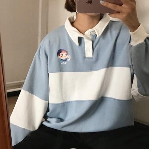 Vintage POLO Collar Letters Print Oversized Sweatshirt Women for Teen Girls Harajuku y2k Spring Korean Kawaii Clothes Pullovers