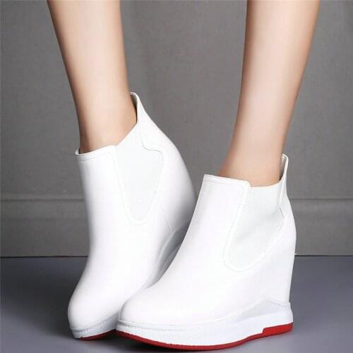 Platform Pumps Shoes Women Cow Leather Wedges High Heel Vulcanized Shoes Female High Top Round Toe Fashion Sneakers Casual Shoes