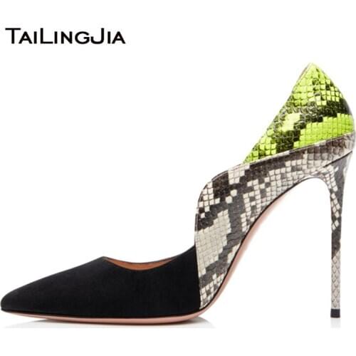 Pointed Toe Snake High Heels Pumps Women Party Shoes Fashion Mixed Snake Print PU Leather Black Faux Suede Stilettos Big Size