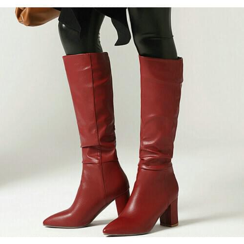 Plus Size 34-43 Women Knee High Boots Thick High Heel Women Pointed Toe Boots Pleated Slip on Female Winter Boots White Red