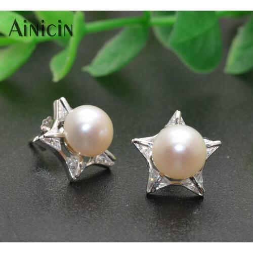New CZ Setting Shine Star 7mm Natural Freshwater Pearl Stud Earrings S925 Sterling Silver Fashion Women Girls Gift Jewelry