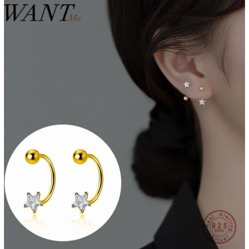 WANTME Silver Star Zircon 925 Sterling Silver Fashion Romantic Unique Bead Stud Earrings for Women Simple Body Piercing Jewelry