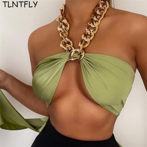 Womens Summer Corset Crop Top 2021Metal Chain Sexy Chest Wrap Bandage Halterneck Sexy Party Nightclub Outfit Fashion Streetwear