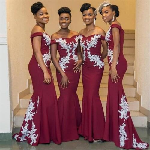 Burgundy African Bridesmaid Dresses Plus Size Off The Shoulder Lace Mermaid Wedding Guest Dress Cheap Vestido De Fiesta De Boda