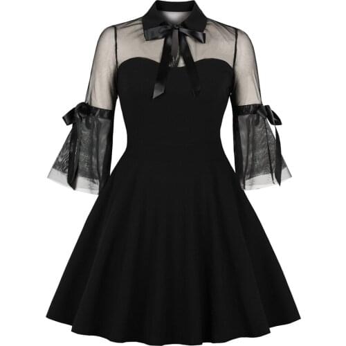 French Mesh Patchwork Bow Midi Dress For Women Flare Sleeves Hepburn Vintage Famale Robe Gothic Party Vestido Chic Black Dresses