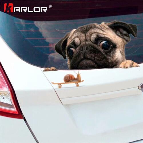 2pcs/set Funny 3D Pug Looking At Snail Car Body Window Computer Stickers For Decoration Decals Waterproof Auto Car Accessories