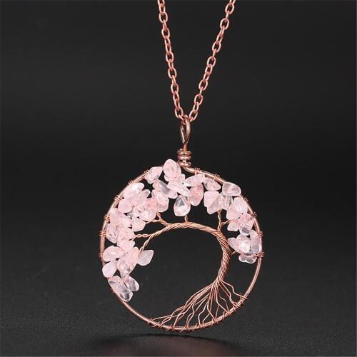 6pcs 7 Chakra Crystal Natural Stone Roses Quartz Carnelian life tree Pendant Necklace for Women Man Healing Collar Jewelry Free
