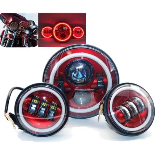 7 Inch Red Halo Headlight With 4.5" Red Halo fog passing Lights Set fit for Motorcycle Touring Road King