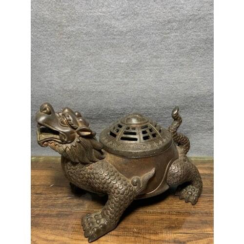 Home Decor 9" Tibet Buddhism Temple Old Copperware Dragon turtle statue God beast incense burner Dragon head turtle body statue