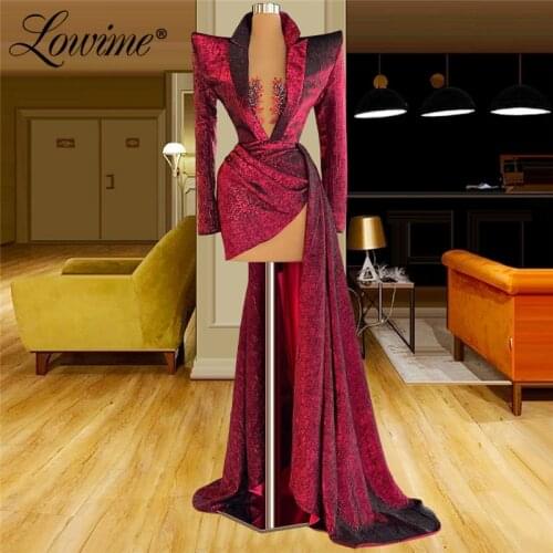 Lowime Elegant Women Evening Dresses Long Sleeves High Low Party Cocktail Dress Dubai Beaded Prom Dress 2021 Newest Custom Made