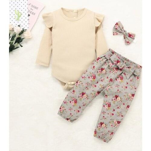 PatPat 2021 New Baby Girl Solid Long-sleeve Bodysuit and Flower Print Belted Pants Set