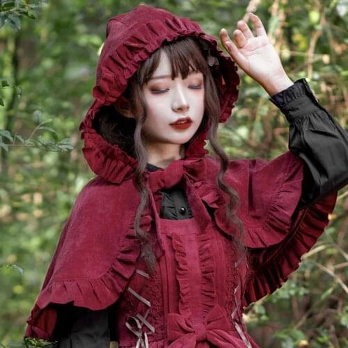 Lolita Kawaii Cloak Women Short Lace Up Jacket Japanese Gothic Anime Cosplay Black Cloak Cape Halloween Vintage Hooded Cloak Red
