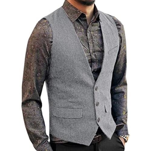 Mens Classic Herringbone Tweed Wool Suit Vest V Neck Slim Fit Waistcoat for Wedding Groomsmen