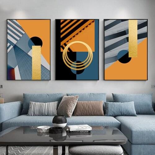 Fancy Trilogy Orange Abstract geometric patchwork modern decorative Picture Canvas Wall Art Poster for room office hotel decor