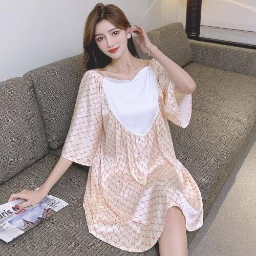 2021 New Nightdress Womens Summer Thin Ice Silk Sexy Short Sleeve Nightgown & Sleepstirts Home Wear Female Sleepwear Sleep Wear