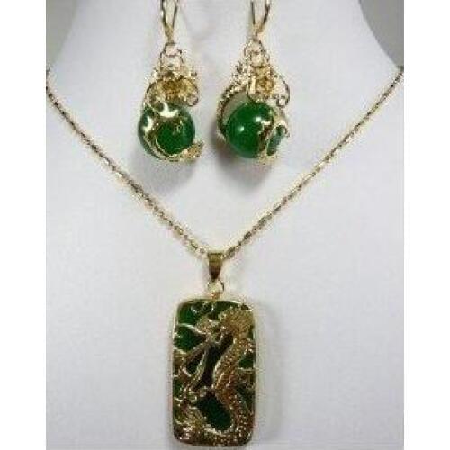 Charming Green created jades Dragon Pendant necklace earring set Free shipping