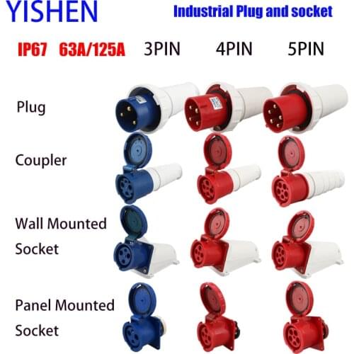 Industrial Plug and Socket 63A 125A 3 Pin 4 Pole 5 PIN IP67 Wall Mounted Socket Panel Mounted Coupler Waterproof 220V 380V 415V