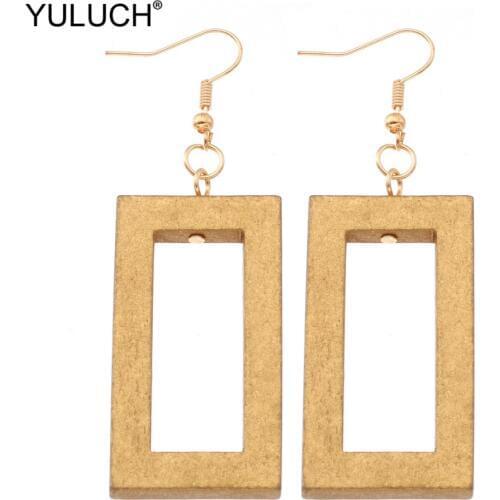 YULUCH Fashion Vintage Gold Wooden Rectangle Bohemian Hanging Statement Earrings Ethnic Pendant Drop Earrings For Women Female