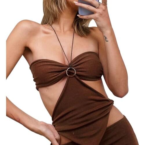 Women Halter Cami Tops, Sexy Female Sleeveless Backless Solid Color Streetwear Clubwear Bandeau Ring Front Ruched Camisole