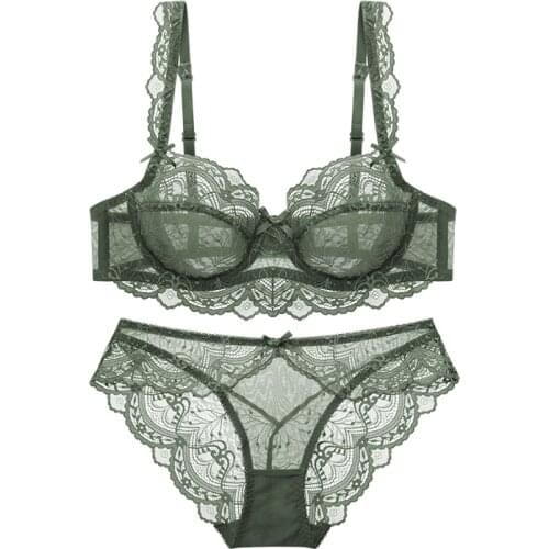 Ultra-thin lace transparent large size underwear set bra + panties 2 suits for young women A B C D E cup 90C 90D 95C 95D