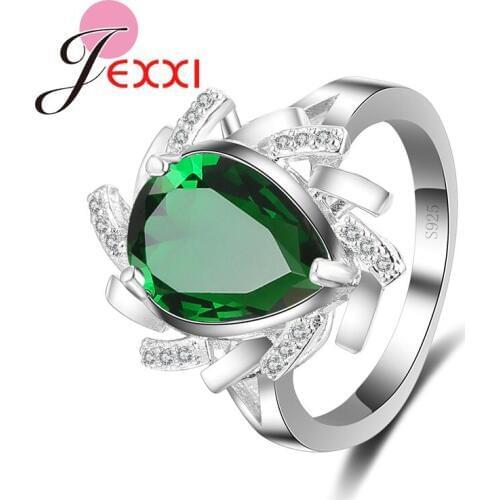 High Quality Woman Wholesale 925 Sterling Silver Rings Clear Green Austrian Crystal Fashion Water Tear Drop Jewelry