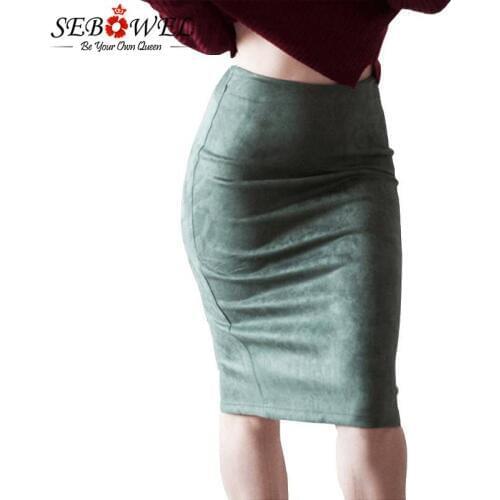 SEBOWEL Faux Suede Pencil Skirts Woman Solid Color Split Tight High Waist Slim All Match Clothes for Female Office Ladies Skirt