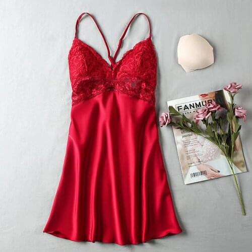 Women Sexy Nightdress Intimate Lingerie Burgundy Perspective Lace Nightgown Summer New Home Clothing Nightdress Satin Sleepwear