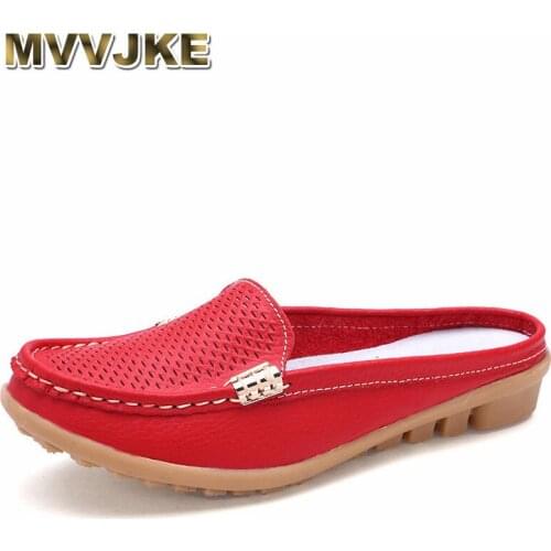 MVVJKE 2019 New Womens Sandals Summer Half Slippers Genuine Leather Women Flats Easy Wear Female Loafers Breathable Casual Lad