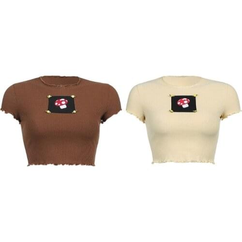 Women Short Sleeve O-Neck Crop Top Mushroom Embroidery T Shirt Harajuku Ruffles Lettuce Trim Ribbed Knit Slim Tees
