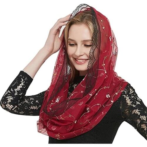 Women Round Head Covering with Embroidered Flowers Catholic Chapel Mantilla Veils Pink Red Navy Floral Spanish Lace Clip