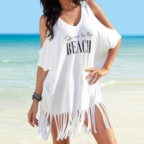 Summer Dress For Wome Tassel Letters Print Baggy Loose Tshirt Dress Summer Bikini Cover-Ups Beach Dress 2021 Casual Long T Shirt